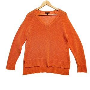 Eileen Fisher Orange V Neck Cotton Linen Blend‎ Knit Sweater Size M